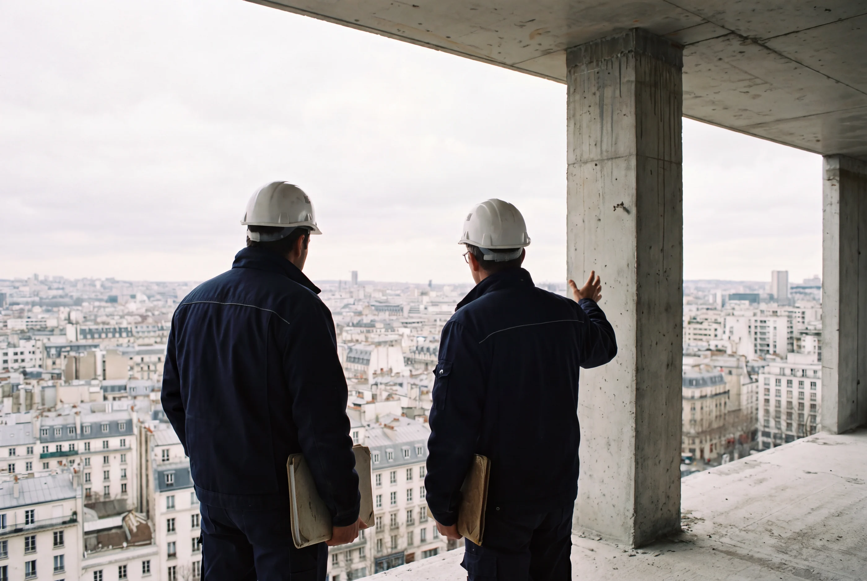 Two building experts in hard hats on an open floor slab, looking out over the city